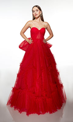 A woman models the Alyce 62119 long prom dress, showcasing its strapless fitted corset bodice and bright red tulle skirt, posed against a plain white background.