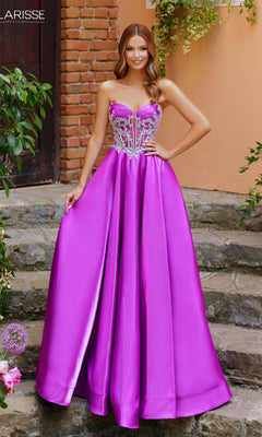 A woman stands outdoors in the Clarisse Designs 62140 prom ball gown, featuring a beaded corset bodice and a full, flowing liquid satin skirt in vibrant purple.