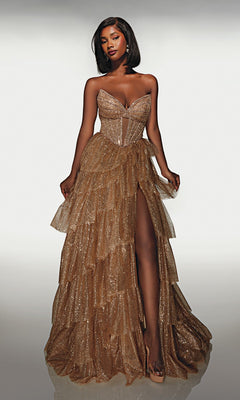 A woman poses against a plain light background in the Alyce 62144 long formal dress, featuring a strapless gold glitter finish, tiered ruffle skirt, and thigh-high slit.