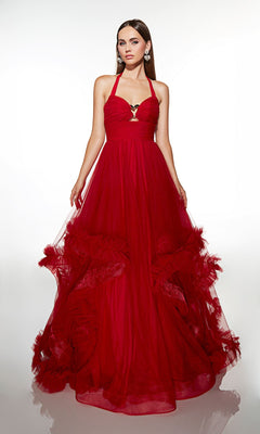 Woman wearing the Alyce 62151 long formal dress in red velvet, featuring a halter neck and ruffle details—an eye-catching choice for prom or special occasions, shown against a plain white background.