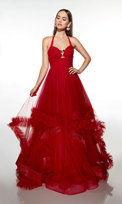 A woman models the Alyce 62151, a floor-length formal dress in red tulle with sleeveless ruffle details, standing before a plain white background.