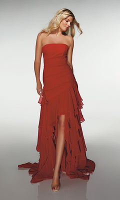 A woman wears the Alyce 62153 long formal dress in claret, featuring ruffled layers and a high-low hem, against a light gray background.