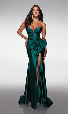 Woman in the Alyce 62156 long formal dress in pine, featuring a strapless beaded sweetheart neckline, large waist bow, and a high left leg slit.