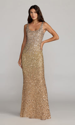 A woman stands with her hand on her hip against a plain light gray background, wearing the Mac Duggal 6219 Long Formal Dress in shimmering gold, featuring sleeveless styling and sequin embellishments that extend to the floor-length hem.