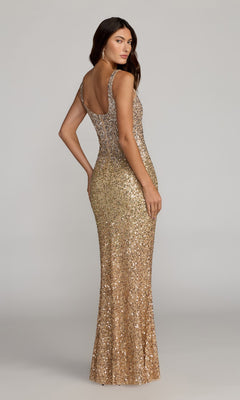 A woman stands with one hand on her hip, facing away from the camera against a plain gray background, showcasing the signature elegance of the Mac Duggal 6219 Long Formal Dress—a gold gown adorned with sequin embellishments.