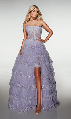Model wearing the Alyce 62191 long prom dress with a lavender tulle A-line skirt, sheer corset bodice, and floral embellishments, posed against a plain background.