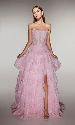 A woman stands facing forward against a neutral background wearing the Alyce 62191 long prom dress in rosewater, featuring a strapless embellished corset bodice and layered A-line skirt.