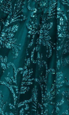 Close-up of teal fabric with shiny sequin floral patterns, perfect for the Teal Glitter Mini Hoco Dress: Blondie Nites 6219BN. Ideal for homecoming or a chic lace-up corset look.