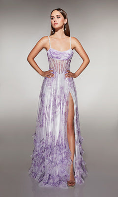 A woman stands with hands on hips against a plain background, wearing the Alyce 62202 long prom dress—a sleeveless, floor-length white and lavender gown featuring a sheer corset bodice and thigh-high slit.