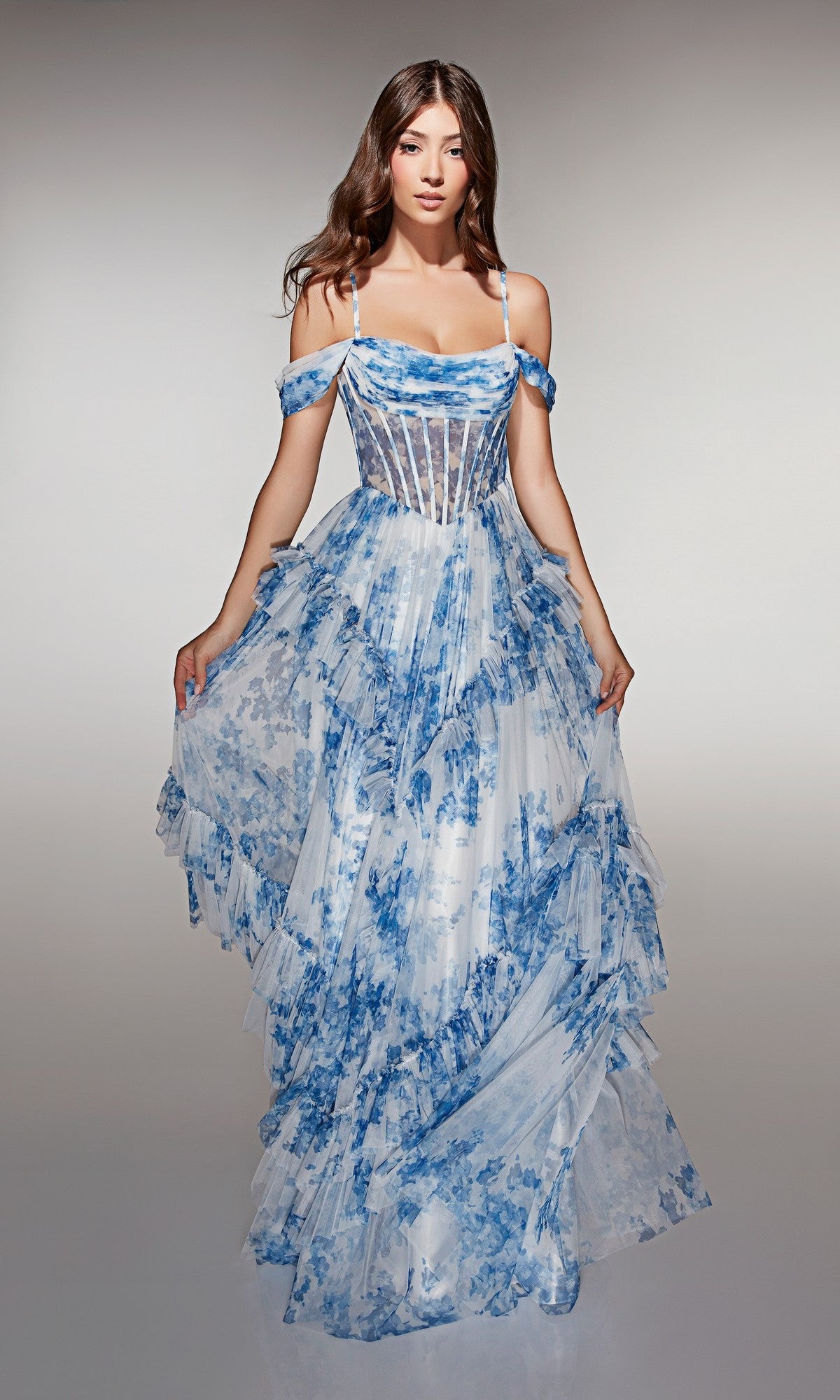 000 prom dresses Alyce 62212 Long Dress Lilac/White / 8 Open back with corset Alice + Olivia Alesia Color:#52-Black Embroidered belt