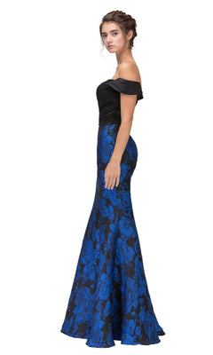 A woman in profile models the Eureka 6222 Long Print Mermaid Formal Dress in black and blue floral print, featuring an off-the-shoulder neckline, fitted bodice, and flared skirt—an elegant evening gown under $100 shown on a white background.