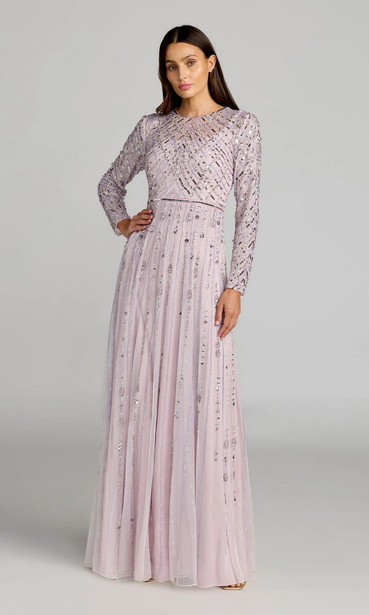 lilac sequin bridesmaid dress Mac Duggal Women's Hand Embellished Long Sleeve A-Line Gown - Purple - Size 8 Height 177cm