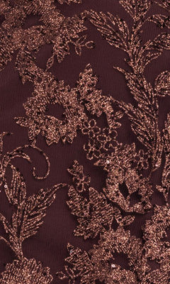Close-up of dark fabric with intricate, metallic floral embroidery in shimmering copper—ideal for the Brown Lace Mini Hoco Dress: Blondie Nights 6237BN.