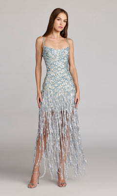 Woman wears the Long Formal Dress: Mac Duggal 6251 in Nude Silver, featuring a fitted sequin bodice and metallic fringe skirt, perfect for formal occasions.