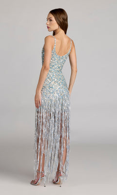Woman in the Long Formal Dress: Mac Duggal 6251 with sequins and fringe, wearing heels, stands against a plain background, back to the camera.