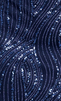 Close-up of the Navy Beaded Mini Hoco Dress: Blondie Nites 6278BN fabric, showcasing shiny sequins in wavy, swirling patterns.