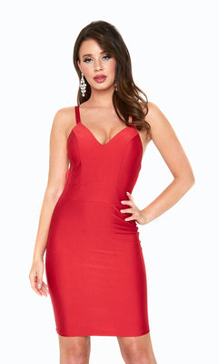 A woman models the Short Party Dress 6300S by Atria—a fitted, sleeveless red v-neck dress with thin straps and large earrings—posing against a plain white background.
