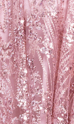 Close-up of the Shimmer Mini Rose Hoco Dress: Blondie Nites 6308BN fabric in rose pink, featuring an embroidered pattern densely adorned with sparkling sequins and beads, creating a textured, shimmering surface—perfect details for a standout short hoco dress.
