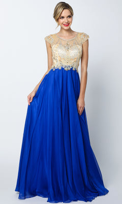 A woman models the Juliet 636 Long Prom Dress, featuring a floor-length royal blue gown with a gold embellished sheer bodice, cap sleeves, and an elegant A-line skirt against a plain background.
