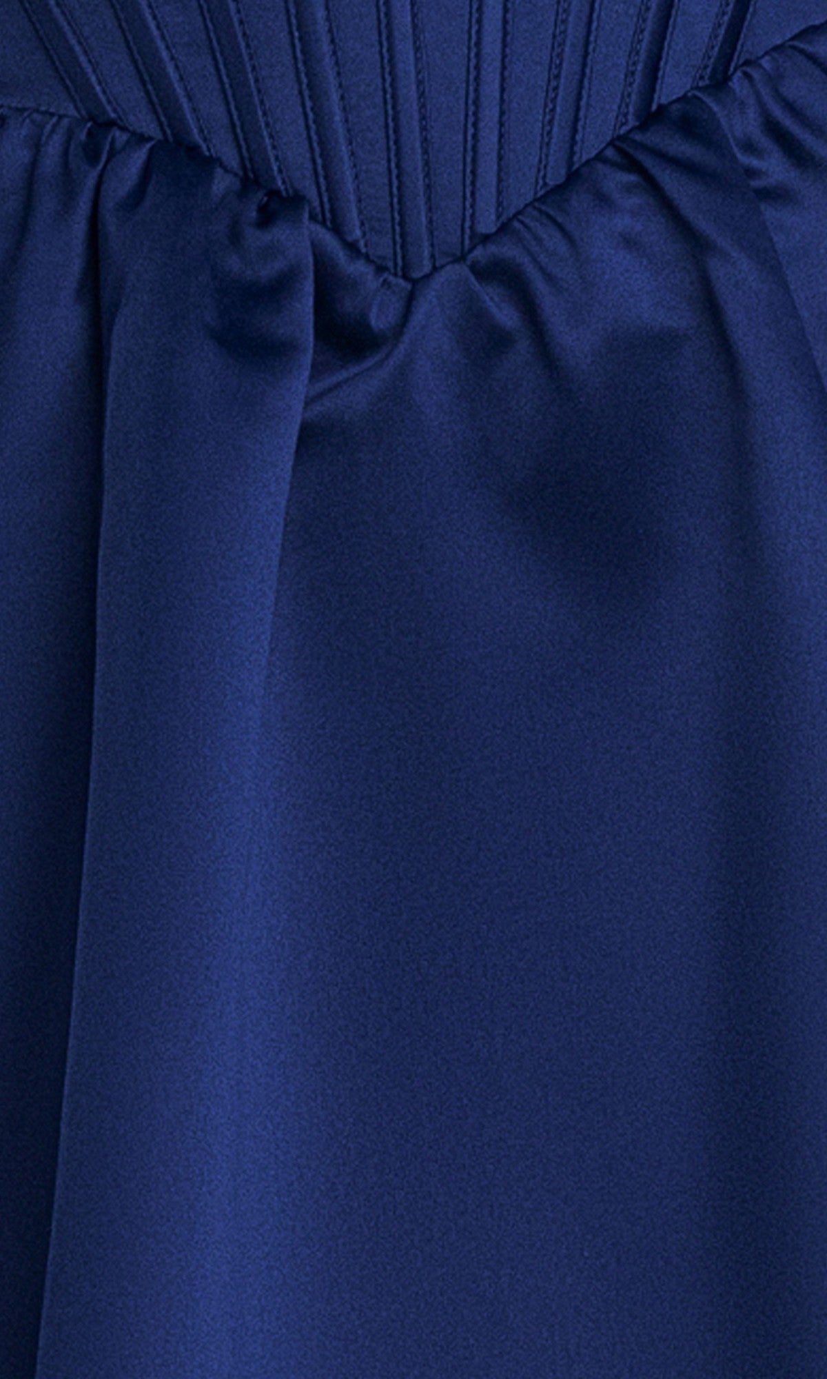 Close-up of blue satin fabric with gathered and pleated details, featured on the Navy Blue Mini Hoco Dress: Blondie Nites 6377BN.