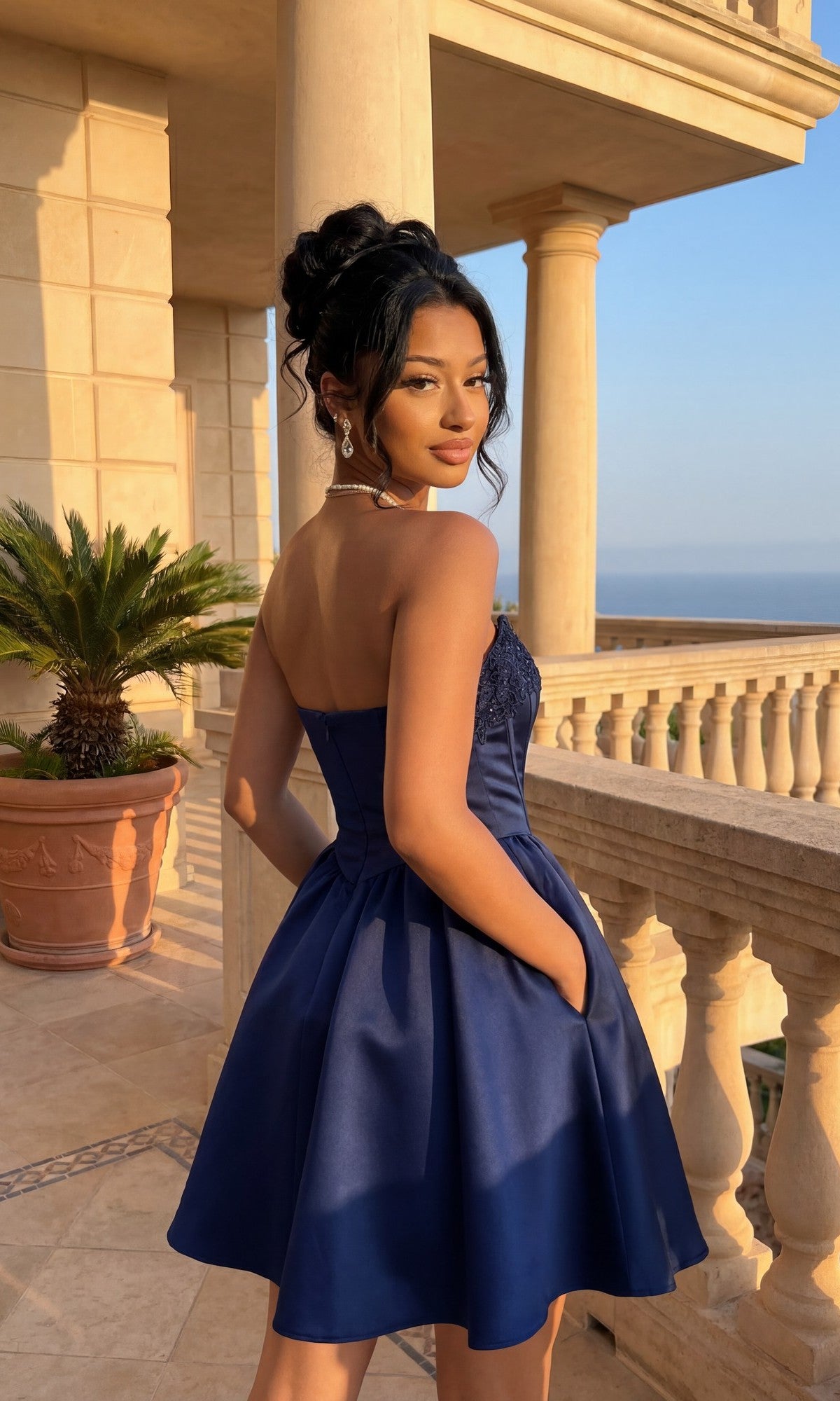 A woman in the Navy Blue Mini Hoco Dress: Blondie Nites 6377BN stands on a sunlit balcony with columns, glancing over her shoulder. A large potted plant and the ocean are visible in the background.