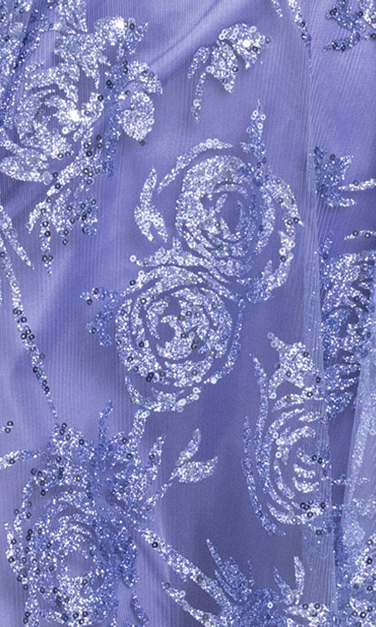 Close-up of the Mini Shimmer Hoco Dress: Blondie Nites 6390BN, featuring lavender fabric with glittery sequin floral patterns and a sheer texture—perfect for an a-line mini dress or a short shimmer homecoming dress with a lace-up open back.