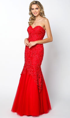 A woman wears the Long Mermaid Prom Dress: Juliet 644—an elegant, fitted, strapless gown with beaded details—posing against a plain white background, ideal for formal occasions.