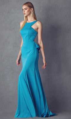 A woman models the Juliet 645, a sleeveless, floor-length turquoise prom dress with racer front and side cutouts, against a plain grey background.