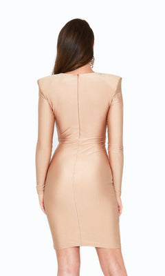 A woman with long brown hair models the Atria Long Sleeve Deep V-Neck Cocktail Dress 6535S, shown from the back against a plain white background.