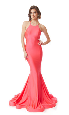 A woman poses against a white background in the Atria 6550H Open-Back High-Neck Long Prom Dress, featuring a sleeveless design, halter neckline, open back, and flared mermaid train in coral pink.