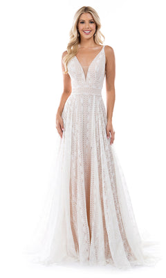 A woman wears the Long Formal Dress: Nina Canacci 6553, a sleeveless, floor-length white lace gown with a plunging v-neckline and fitted bodice, standing against a plain white background.
