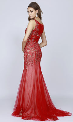A woman poses against a plain light background wearing the Juliet 656 Long Prom Dress— a sleeveless, floor-length red gown with intricate lace and sequin detailing.