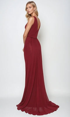 A woman poses against a plain background in the Long Prom Dress: Juliet 670—a floor-length, deep red gown featuring a sleeveless fitted bodice and a flowing skirt.