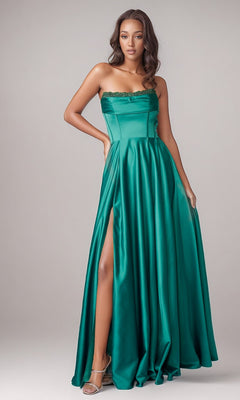 Woman wearing the Nina Canacci 6718 long formal dress in green, featuring a high slit, standing against a plain light background.