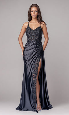 A woman models the Long Formal Dress: Nina Canacci 6722 in black, featuring lace details, spaghetti straps, sequin embroidery, and a high slit, standing against a plain light gray background.