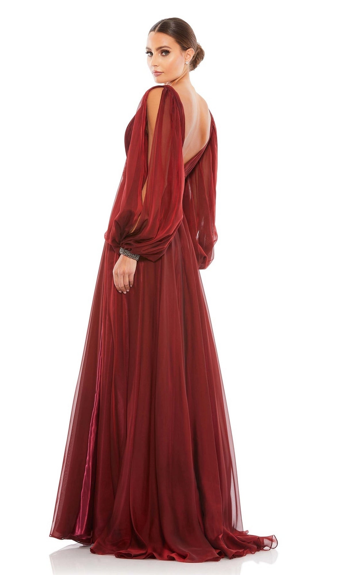 chinese dress ladies Long-Sleeve Ruched Chiffon Formal Dress with Open Back– PromGirl