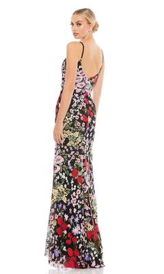 Model wearing the Mac Duggal 67473 long floral formal dress, sleeveless with a low back, standing and glancing over her shoulder against a plain white background.