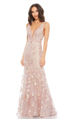 A woman stands facing forward in the Mac Duggal 67481, a long formal dress featuring a sleeveless design, deep V neckline, and floral-print embellishments.