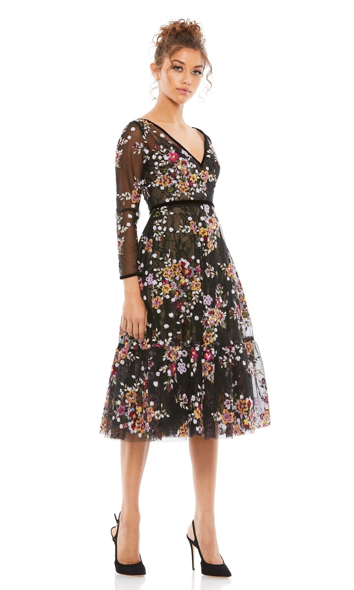 Mac Duggal Black Floral Embroidered Tea Length Dress - Black Multi
