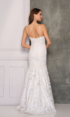 A woman stands with her back to the camera against a gray and white background, wearing the Long Formal Dress A6768 by Dave and Johnny—a white, fitted mermaid gown with a sweetheart neckline and lace floral details.