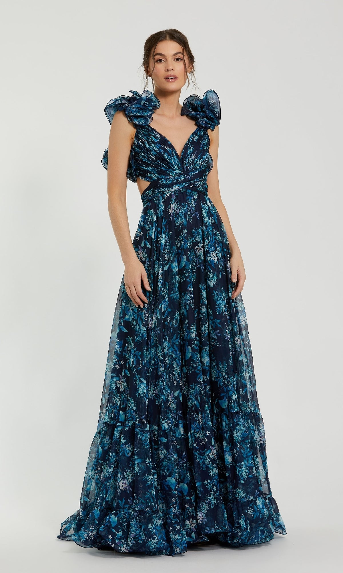 Mac Duggal - Blue Ruffle Tiered Floral Cut-Out Chiffon Gown