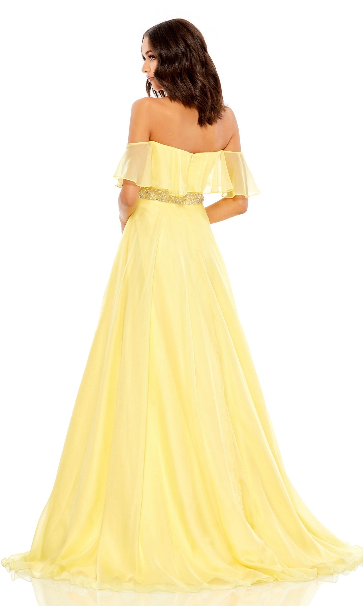Woman in the Beaded-Waist Off-Shoulder Long Prom Dress 67817, floor-length and yellow with ruffle sleeves and an embellished waistband, shown from the back.