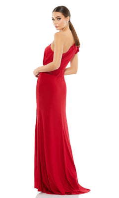 Woman wearing the Long Formal Dress 67858 by Mac Duggal, a red, floor-length, one-shoulder gown, posing in three-quarter view against a plain white background.
