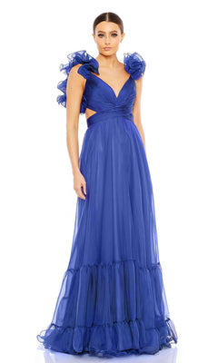 A woman wears the Mac Duggal Empire-Waist Cut-Out Formal Dress 67911, a royal blue, floor-length gown with ruffled shoulders, a deep V-neckline, and a flowing gathered skirt.