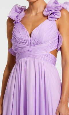 A person wears the Mac Duggal Empire-Waist Cut-Out Formal Dress 67911, a sleeveless lavender gown with ruffled shoulders, a deep V-neckline, and side cutouts.
