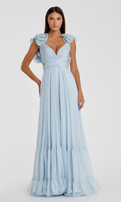 A woman wears the Mac Duggal Empire-Waist Cut-Out Formal Dress 67911 in light blue, featuring a floor-length v-neck design, ruffled shoulder details, and a tiered flowing skirt, set against a plain white background.