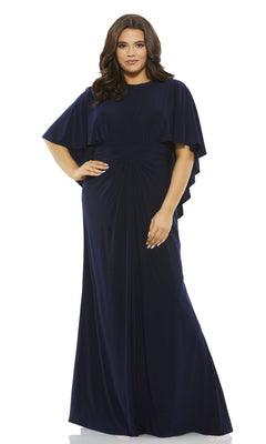 A woman is seen wearing the Long Plus-Size Prom Dress 67929 by Mac Duggal, a floor-length navy gown with cape sleeves and gathered waist detailing, set against a plain white background.