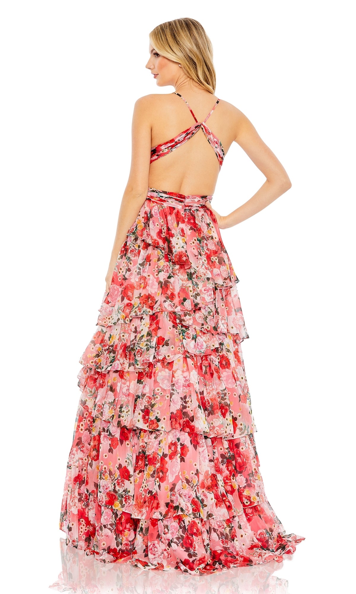 Mac Duggal Ieena Floral Tiered Chiffon Ballgown Pink Multi