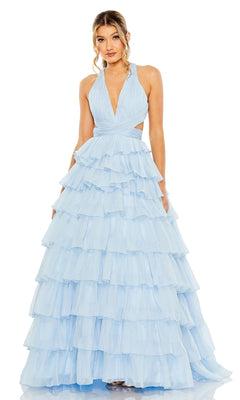A woman stands facing forward in the Long Formal Dress 67988 by Mac Duggal, a sleeveless light blue A-line ball gown featuring a deep V-neckline and multi-layered ruffles.