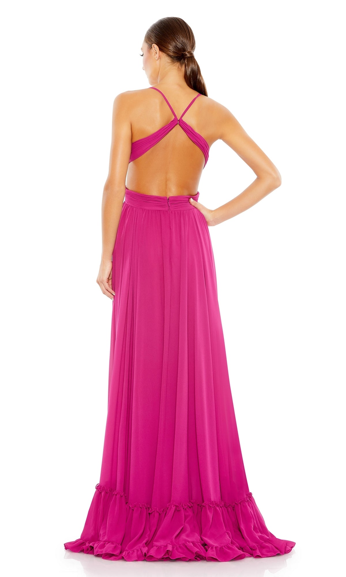 fuchsia long dress evening Mac Duggal Women's Ieena Tiered Cut Out Sleeveless Gown